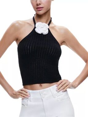 Alice + Olivia Bessie Halter Top Crochet Black Rosette NWT Size Large MSRP $295